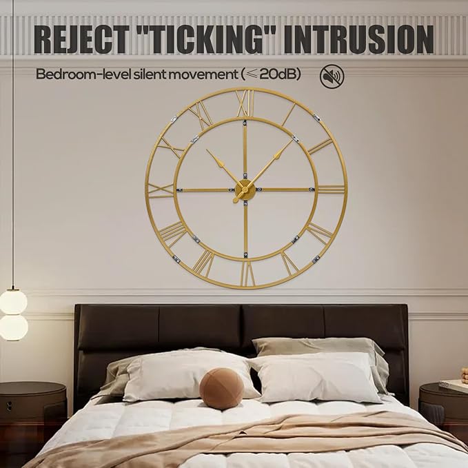 Large Wall Clock for Living Room Decor – 32 Inch Silent Non-Ticking Modern Farmhouse Wall Clock, Oversized Decorative Metal Roman Numeral Clock, Gold