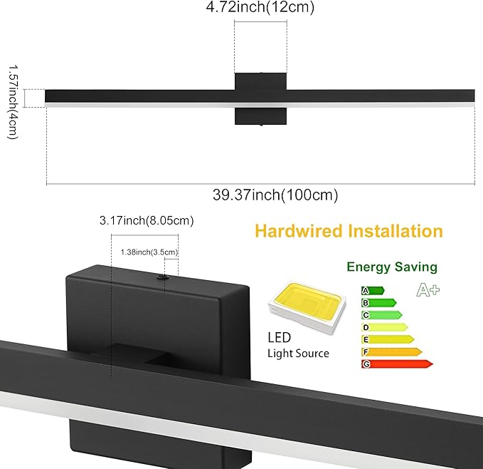 Black Bathroom Vanity Light 39.4 inch, 24W Dimmable 5CCT LED Modern Bathroom Light Fixture Over Mirror - ETL Certificated
