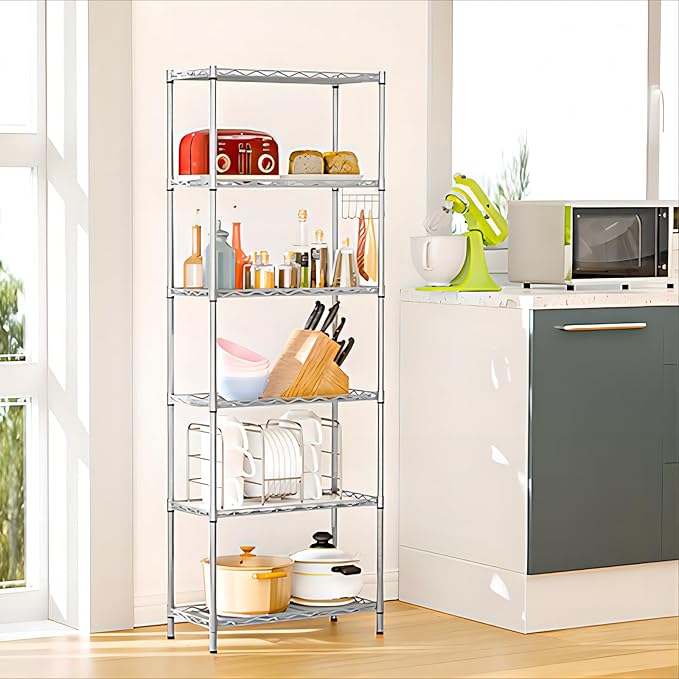 Homdox 6-Tier Storage Shelf Wire Shelving Unit Free Standing Rack Organization with Adjustable Leveling Feet, Stainless Side Hooks, Silver