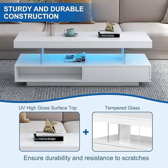 LED Coffee Table with Storage, High Glossy LED Coffee Tables for Living Room, Center Table with Open Display Shelf & Sliding Drawers, (White)