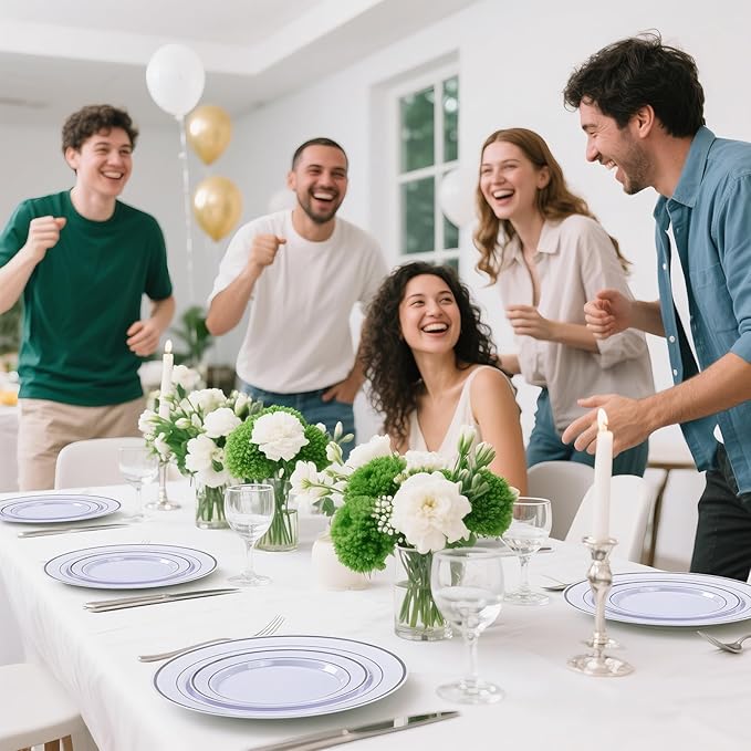 DaYammi 350PCS Silver Plastic Dinnerware Set for 50 Guests, Fancy Disposable Plates for Party, Include: 50 Dinner Plates, 50 Dessert Plates, 50 Pre Rolled Napkins with Silver Silverware, 50 Cups