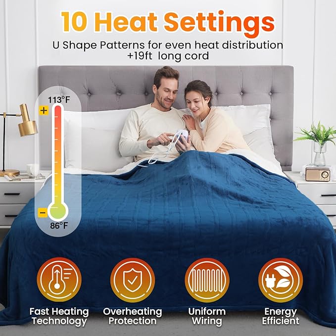 WOOMER Electric Heated Blanket, Soft Flannel Fast Heated Throw Blanket with Multi-Color Option, Twin Size 62"x 84", 10 Heating Levels & 0.5-12H Auto Off, Over-Heat Protection