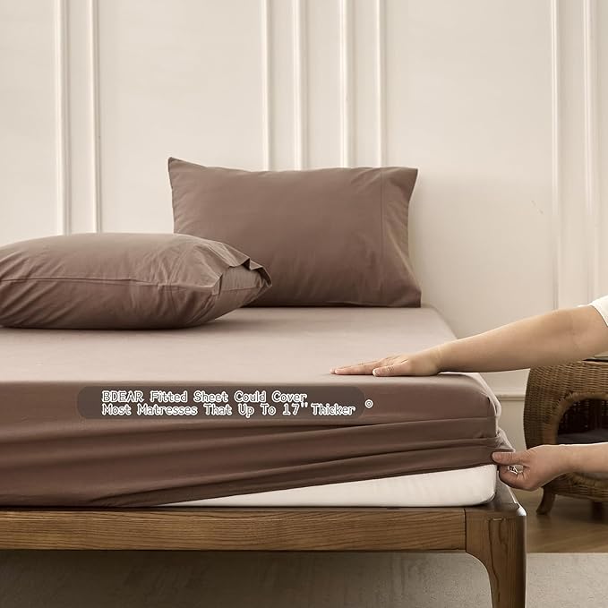 6PS Linen Like Bedding Sheet Sets Light Chocolate Brown Cotton Bedding Set Oeko-TEX Standard 100% Washed Cotton Deep Pocket King Size Fitted Sheet Plus Cozy Flat Sheet and 4 Pillowcases