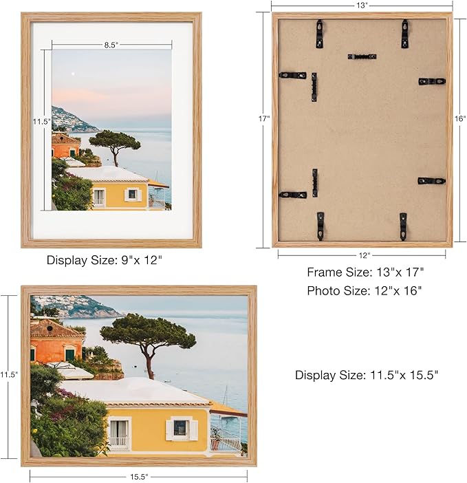 Axeman 12x16 Picture Frame with Mat for 8.5x11, Solid Oak Wood Frame with Tempered Real Glass, Wooden Certificate Document Frame for Wall with Wall Hook Included, Set of 2, Natural