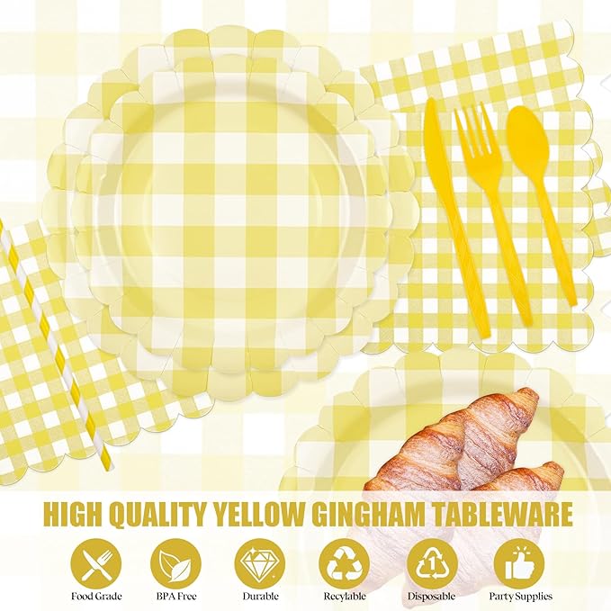 400PCS Yellow Gingham Party Supplies, Scalloped Disposable Tableware Set Includes Paper Plates Napkins Cups Straws Forks Knives Spoons for Baby Shower Birthday Wedding Decorations, Serve 50