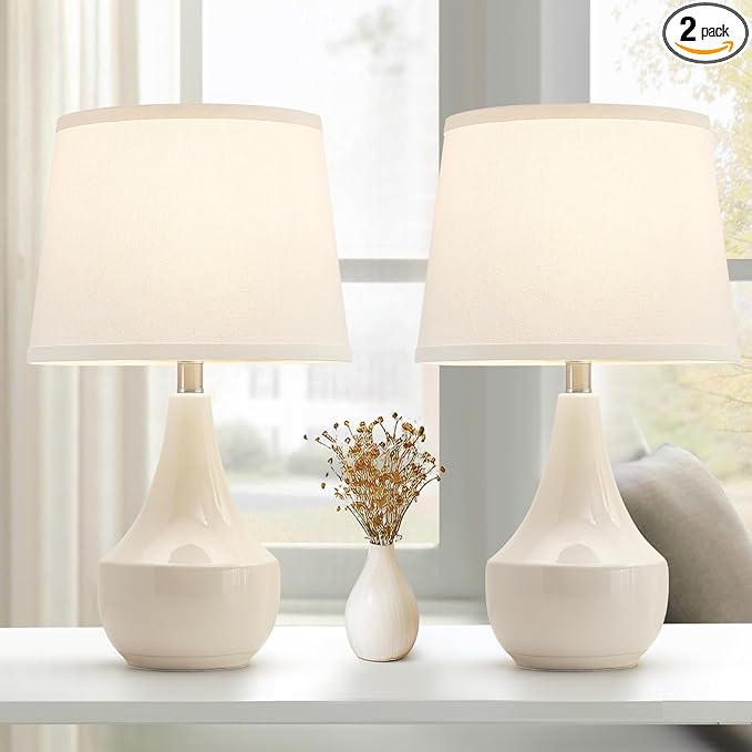 GyroVu Table Lamp Set of 2, 18.63” Ceramic Table Lamp Classic Beside Lamps Nightstand Lamp Modern Lamp for Living Room, Bedroom & Office Rocker Swtich Cream-LED Bulbs Included