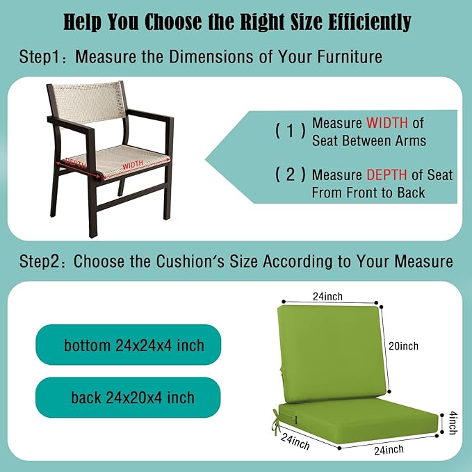 idee-home Outdoor Cushions for Patio Furniture, Outdoor Seat Cushion, Waterproof Couch Hampton Bay Deep Seat Replacement Chair Cushions for Garden Lawn Backyard Deck, 24 x 24 Green