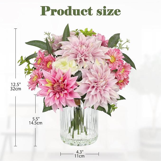 Briful Artificial Flower Arrangement with Glass Vase, 12.5" Faux Dahlia Silk Flowers Centerpiece Table Decorations Pink Mixed Floral Bouquet for Home Office Dining Room Coffee Table Wedding Decor