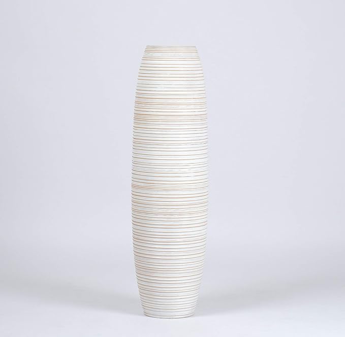 Leewadee Large White Wash Home Decor Floor Vase – Wooden 34 inches Tall Farmhouse Decor Flower Holder for Fake Plant and Pampas Grass