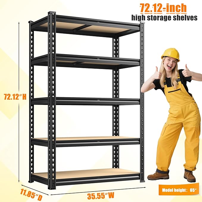 72.12" H Garage Shelving, Storage Shelves Load 2100LBS, 5-Tier Adjustable Shelving Unit with Thickened Wooden Boards for Multiple Scenarios, 72.12" H x 35.55" W x 11.85" D, Black, 2 Pack