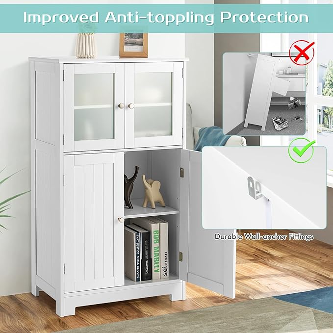 GOFLAME Bathroom Storage Cabinet, Freestanding Storage Cabinet with 4 Doors, Wooden Kitchen Cupboard with Adjustable Shelf, Buffet Sideboard, Multipurpose Home Organizer for Bathroom, Kitchen, White