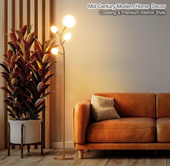 Fiqevs 4 Globe Floor Lamp with 2700K Warm Light LED Bulbs Included, Mid Century Modern Tree Standing Lamp with Frosted Glass Shade, Arc Torch Tall Lamp for Living Room, Bedroom, Office, Antique Brass