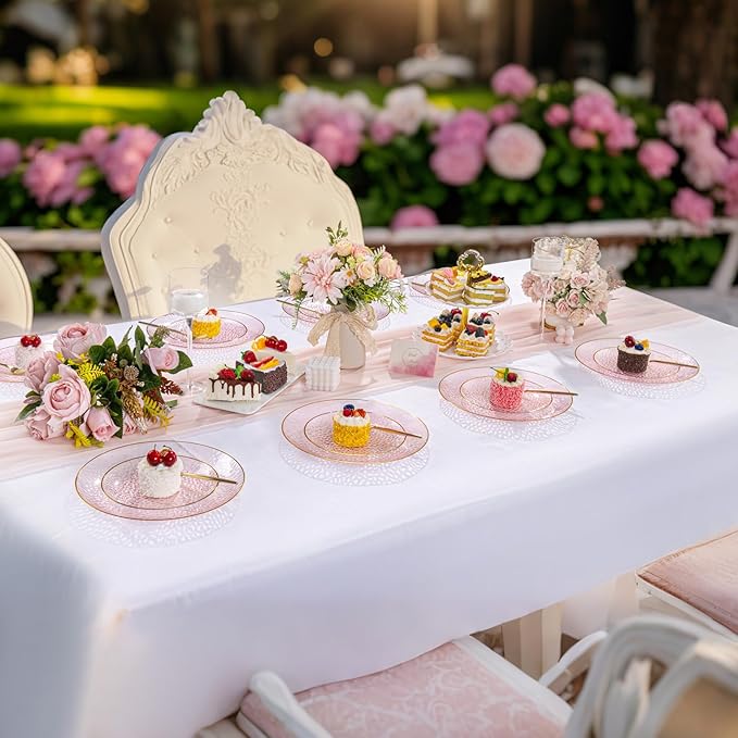 DaYammi 240Pcs Pink Plastic Plates Including 120Pcs Pink Dessert Plates and 120Pcs Gold Plastic Forks,Hammered Party Plate,pink and Gold Appetizer plates Heavy duty Disposable Plate for All Occasions