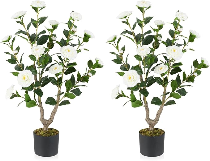 Goplus 36’’ Artificial Camellia Tree, 2 Pack Flower Plants Artificial Tree, Faux Floral Plant Blooming Tree in Nursery Pot, Greenery Potted Plant for Indoor Office Home Porch Decor, White