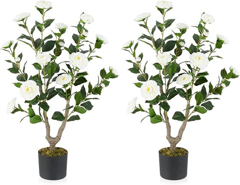 Goplus 36’’ Artificial Camellia Tree, 2 Pack Flower Plants Artificial Tree, Faux Floral Plant Blooming Tree in Nursery Pot, Greenery Potted Plant for Indoor Office Home Porch Decor, White