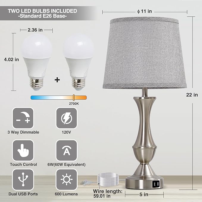 Touch Table Lamps Set of 2, 22" Tall Bedside Lamps, Nightstand Lamps with USB C+A Charging Ports, 3 Way Dimmable Lamp for Bedrooms, Living Room, Office, Silver Lamp with Grey Lampshade, Bulbs Included