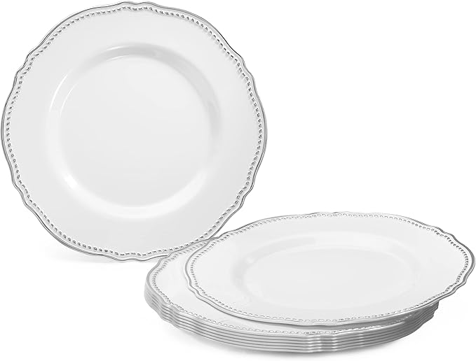 " OCCASIONS " 240 Plates Pack,(120 Guests) Heavyweight Premium Disposable Plastic Plates Set -120 x 10.25'' Dinner + 120 x 7.5'' Salad/Dessert (Rochelle White and Silver)