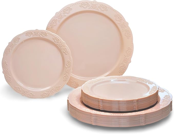 " OCCASIONS " 50 Plates Pack (25 Guests) Vintage Wedding Party Disposable Plastic Plate Set -25x10.25'' Dinner +25x7.5'' Salad/Dessert plates (Portofino in Blush/Antique Rose)