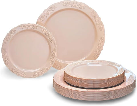 " OCCASIONS " 50 Plates Pack (25 Guests) Vintage Wedding Party Disposable Plastic Plate Set -25x10.25'' Dinner +25x7.5'' Salad/Dessert plates (Portofino in Blush/Antique Rose)