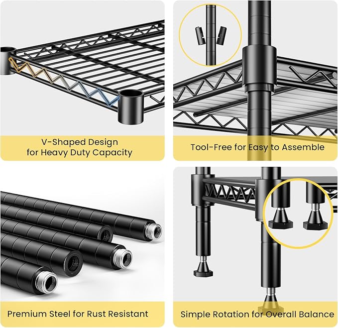 72" H Storage Shelves 5 Tier Wire Shelving with Shelf Liners, Adjustable Metal Garage Shelving, 1325LBS Heavy Duty Commercial Storage Rack for Pantry Kitchen, 35" W x 16" D x 72" H, Black