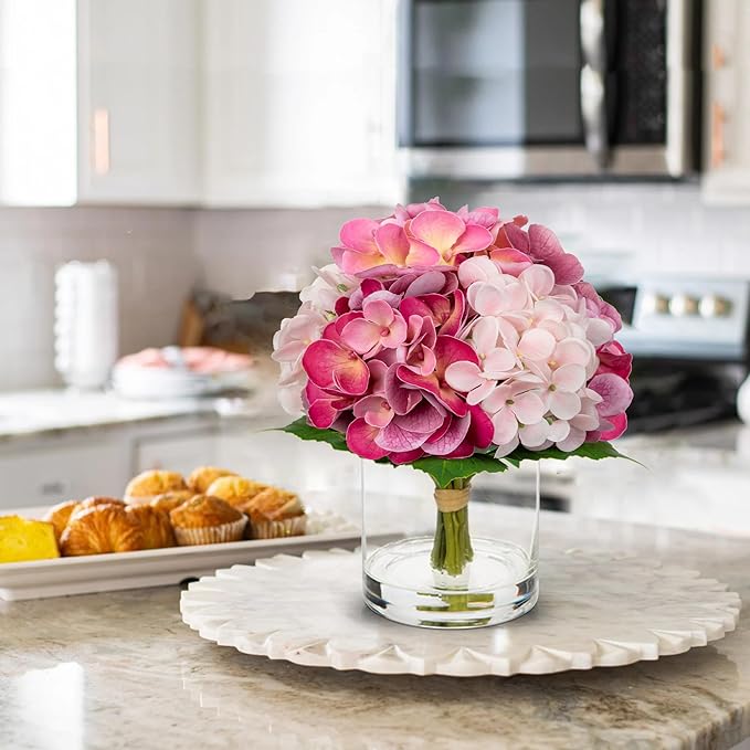 Hollyone Real Touch Pink Hydrangea Artificial Flowers in Vase Latex Small Faux Hydrangea Flowers Arrangements Hydrangeas Fake Flower with Glass Vase with Faux Water for Table Centerpiece Home Decor