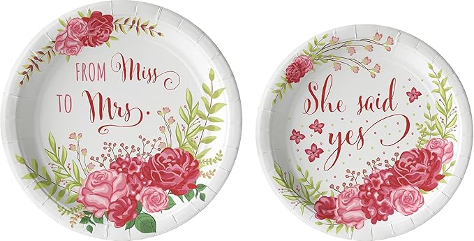 Bridal: From Miss to Mrs (Traditional Rose) Tableware Pack: Disposable Paper Plates, Napkins and Cups Set for 20