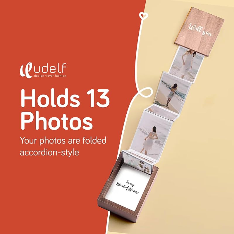 udelf Personalized Wooden Photo Box Gift with Accordion Picture Pull Out | Custom Photo Album Box | Picture Box Gift for Bridesmaid and Maid of Honor Proposal I Holds 14 Photo Prints, 3"x2"