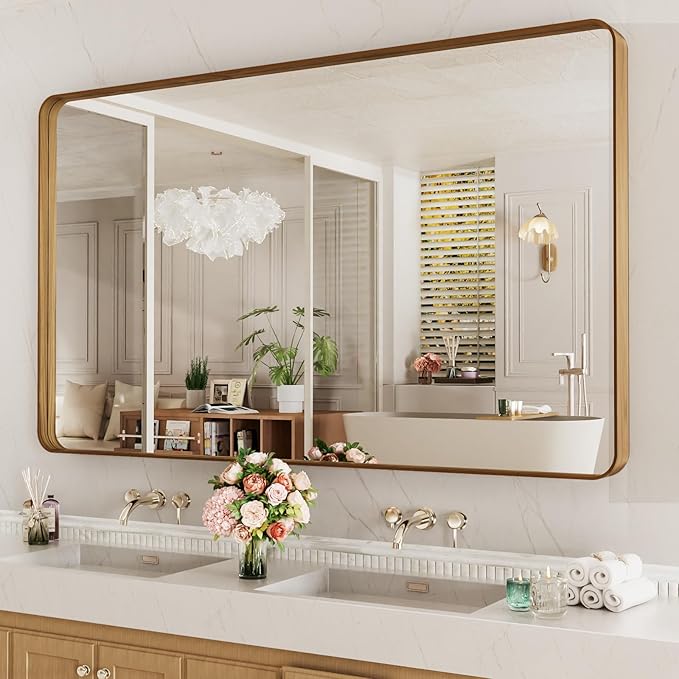 LOAAO 60X28 Inch Bathroom Mirror with Wood Grain Colored Metal Frame, Rounded Rectangle Metal Framed Bathroom Mirror, Anti-Rust, Hangs Horizontally or Vertically, Tempered Glass