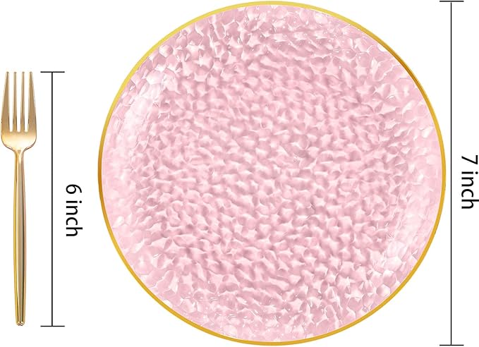 DaYammi 240Pcs Pink Plastic Plates Including 120Pcs Pink Dessert Plates and 120Pcs Gold Plastic Forks,Hammered Party Plate,pink and Gold Appetizer plates Heavy duty Disposable Plate for All Occasions