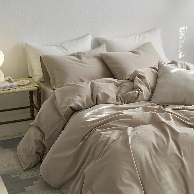 MooMee Twin Duvet Cover Set, 100% Washed Cotton Linen Like Twill Thick Sturdy Material Super Soft Breathable Durable Bedding for All Season, 2 Pieces (Tannish Linen LikeGrey, Twin 68"x90")
