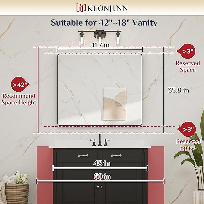 Keonjinn Gold Bathroom Mirrors for Over Sink 42” x 36” Large Brushed Brass Metal Framed Mirror, Rounded Rectangle Bathroom Vanity Mirror, HD Tempered Glass Modern Mirror for Wall(Horizontal/Vertical)