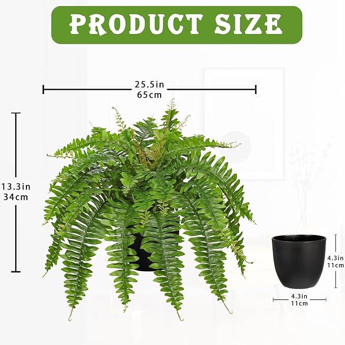 Hollyone Artificial Fern Plants in Pot 25.5" Artificial Boston Fern 31 Leaves for Outdoors & Indoor Faux Potted Plant Fake Ferns Bush Plant for Patio Garden Farmhouse Porch Home Decor Green