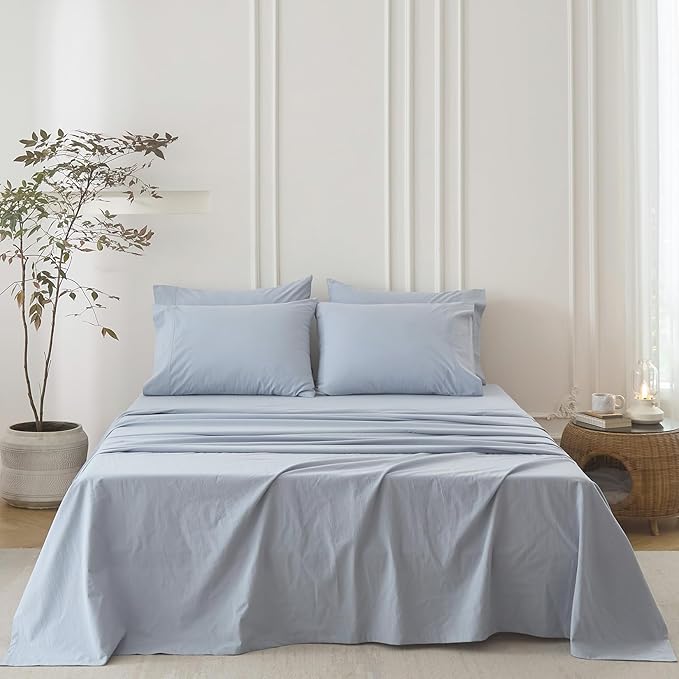 6PS Linen Like Bedding Sheet Sets Cornflower Blue Cotton Bedding Set Oeko-TEX Standard 100% Washed Cotton Deep Pocket Queen Size Fitted Sheet Plus Cozy Flat Sheet and 4 Pillowcases
