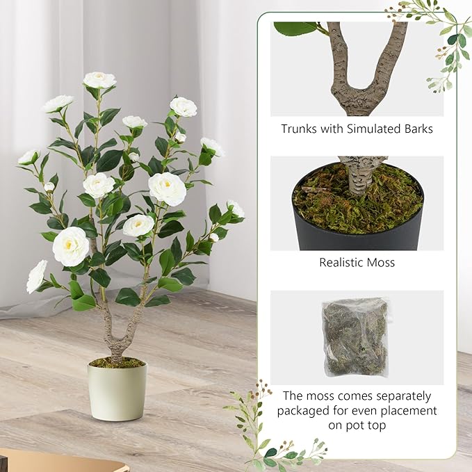 Goplus 36’’ Artificial Camellia Tree, 2 Pack Flower Plants Artificial Tree, Faux Floral Plant Blooming Tree in Nursery Pot, Greenery Potted Plant for Indoor Office Home Porch Decor, White