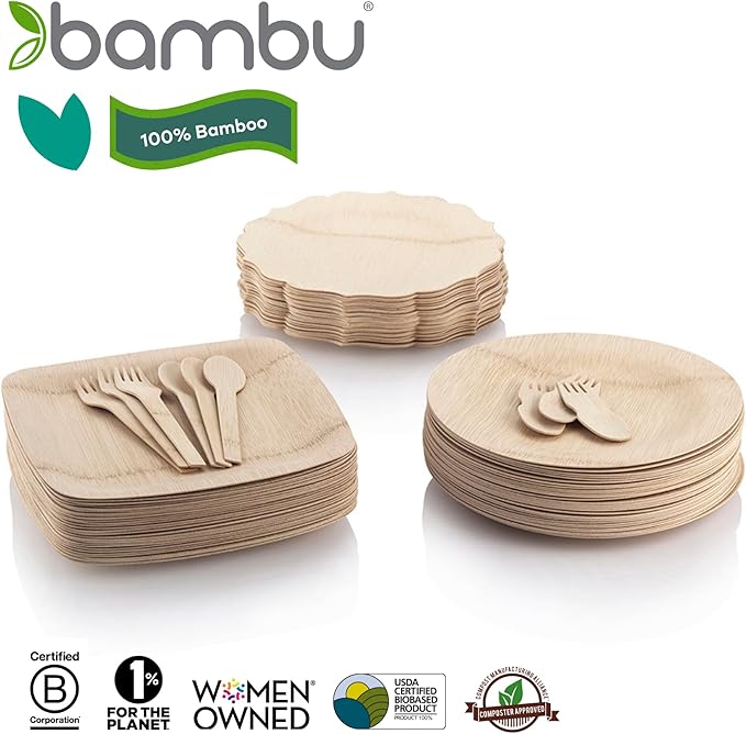 Bambu Pack of 8-9 Inch Disposable Bamboo Plates Fancy, Biodegradable Eco Friendly Products, Bamboo Disposable Plates for Party, Weddings, and Events, Great For Any Occasion, Compostable Plates