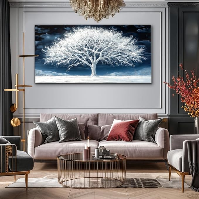 Calming Tree of Life Wall Art for Living Room Office Navy Blue Snow White Canvas Painting Prints Nature Artwork Family Bedroom Decor (20x40 Inches)