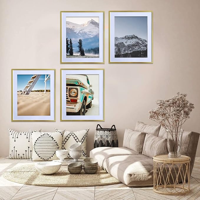 Art Emotion Gold Picture Frame Set - 20x24 Frame with Mat for 16x20 Picture or 20x24 Without Mat, Versatile Horizontal and Vertical Display for Wall - Pack of 4.