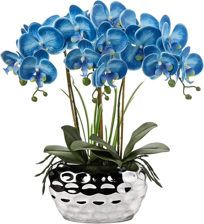 Briful Orchids Artificial Flowers 18" Blue Phalaenopsis Large Orchid with Silver Ceramic Pots Fake Orchid Flower for Home Office Bathroom Living Room Table Decoration