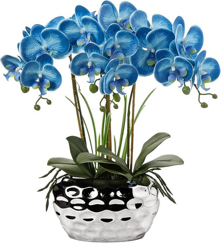 Briful Orchids Artificial Flowers 18" Blue Phalaenopsis Large Orchid with Silver Ceramic Pots Fake Orchid Flower for Home Office Bathroom Living Room Table Decoration