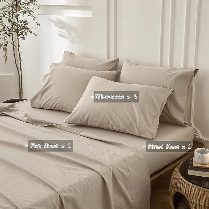 6PS Linen Like Bedding Sheet Sets Linen Grey Queen Size Cotton Bedding Set Oeko-TEX Standard 100% Washed Cotton Deep Pocket Queen Size Fitted Sheet Plus Cozy Flat Sheet and 4 Pillowcases
