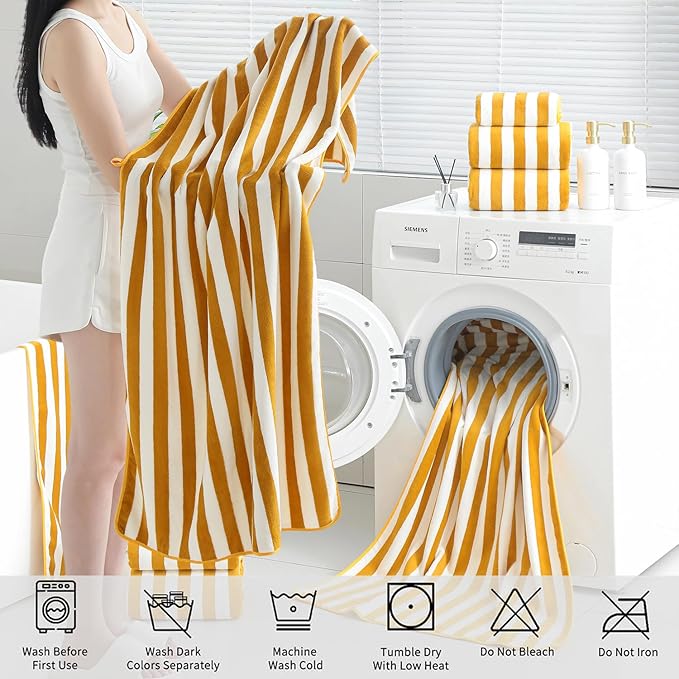 Oliven 18 Pcs Yellow Cabana Stripe Family Towels Set-6 Bath Sheets,6 Hand Towels,6 Washcloths Soft Jumbo Bathroom Towels Absorbent Shower Towel Quick Dry Beach Chair Towel Spa Gym Hotel Towel Set