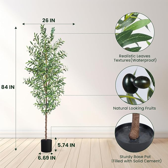 7FT Artificial Olive Tree, Tall Faux Olive Trees 84in Outdoor Fake Potted Silk Plant with Trunk and Realistic 1048 Leaves and 40 Fruits for Modern Office Home Decor Indoor 2Pack