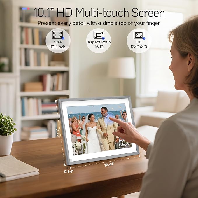 NexFoto Touchscreen Digital Picture Frame 10.1 Inch 64GB, WiFi Digital Photo Frame with Unboxing Gift Mode, Add Photos from Google Photos, Easy to Share Photos/Videos, Gifts for Newlywed, Mom, Silver