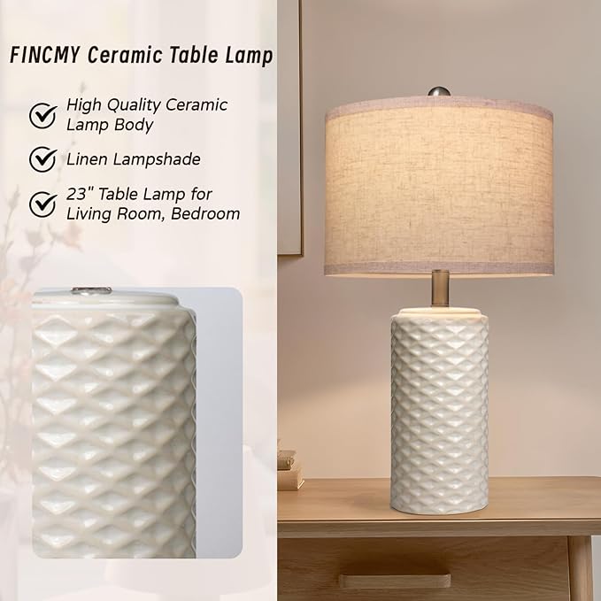 23" Bedside Lamps Set of 2, Dimmable Ceramic Table Lamps for Night Stands Modern Farmhouse Bedroom Lamps with Timer, Nightstand Table Lamps for Living Room End Table, Beige, LED Bulb Included