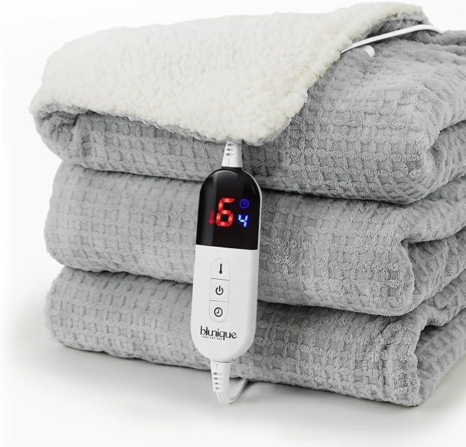Heated Blanket Electric Throw Waffle, 50x60 Inches Sherpa Fleece Fast Heating Blanket 6 Heating Levels & 4 Hours Auto Off ETL Certification,Light Grey Throw