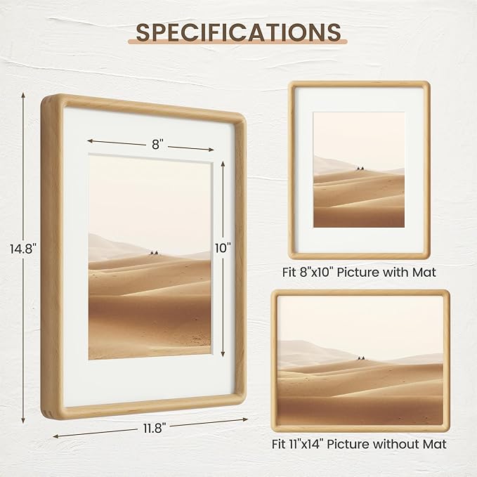 11x14 Picture Frame, Solid Beech Wood Frame with Real Glass, Hard Wood 11 by 14 Photo Frame for Wall & Tabletop Display, 11x14 Picture Frame Matted to 8x10, Natural Beech Color