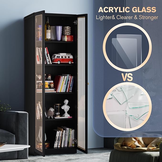 Metal Curio Storage Cabinet with 4 Adjustable Shelves and Acrylic Door, 72" Dust Proof Display Cabinet, 5 Tier Bookcase for Home Office, Living Room, Pantry