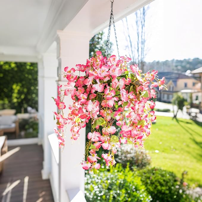 Ivydale Artificial Faux Hanging Flowers Plant Baskets for Outdoors Decoration, Fake Hibiscus UV Resistance Realistic Silk Flower for Outside Home Patio Porch Balcony Garden Wedding (H-Pink, Hibiscus)