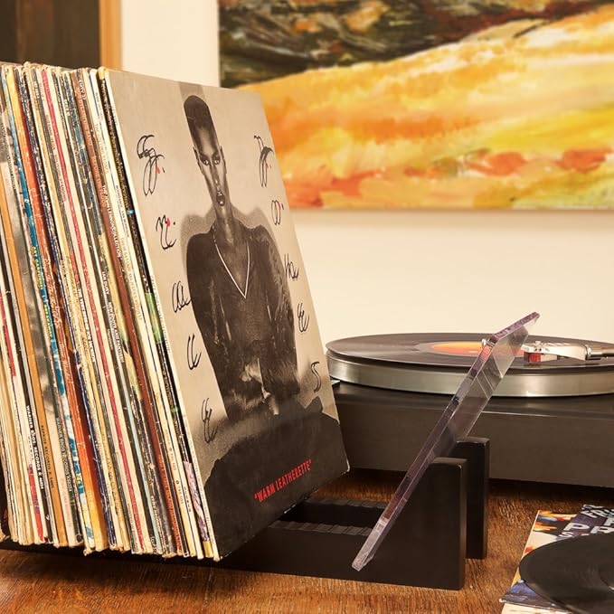 KAIU Vinyl Record Storage - Solid Wood with Crystal Clear Acrylic Holder - Premium Design, Perfect 12" LPs or 7" Singles Display Unit - Stores and Supports up to 50 Albums (Modern Black)