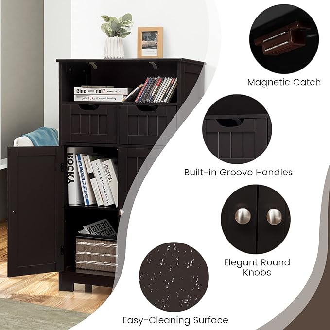 COSTWAY Bathroom Storage Cabinet, Freestanding Storage Organizer with 2 Drawers & Adjustable Shelf, Wooden Floor Cabinet for Living Room, Bedroom, Kitchen, Entryway (Brown)